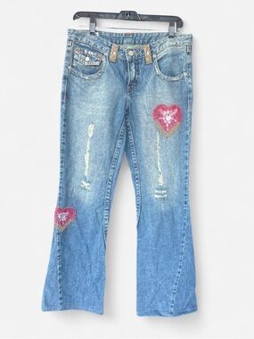 Y2K style Bolufe Embellished Blue Women's Jeans with Heart Patches